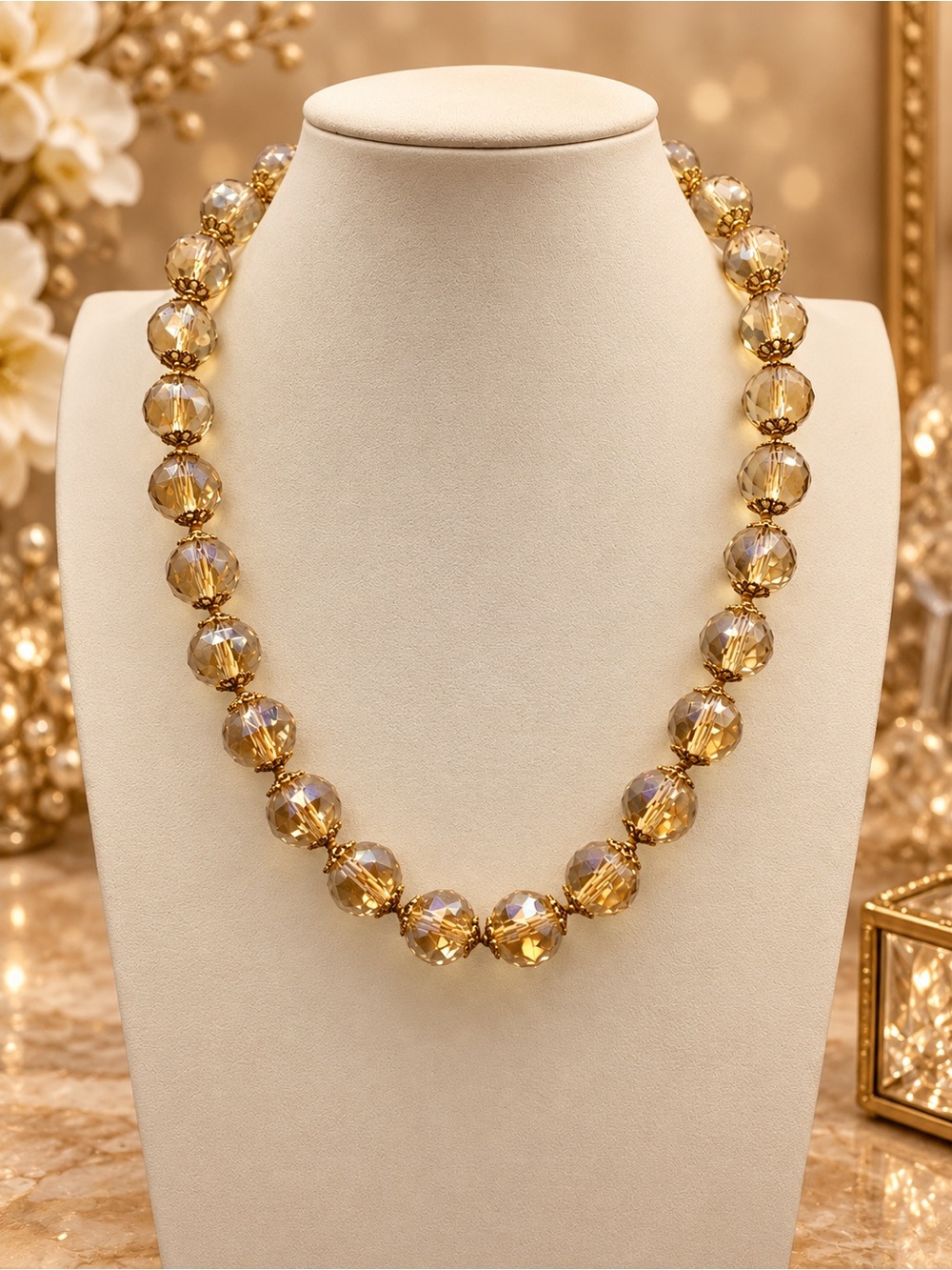 Champagne faceted Glass 14mm hand knotted Aprilsplace you 18 inch necklace